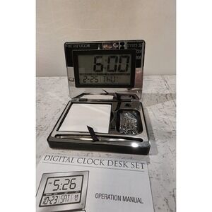 Things Remembered Digital Clock Desk Set Mirrored Face Silver & Black No Box